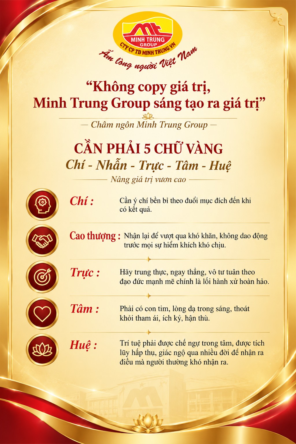 5 chữ vàng Minh Trung Group — Chí, Nhẫn, Trực, Tâm, Huệ